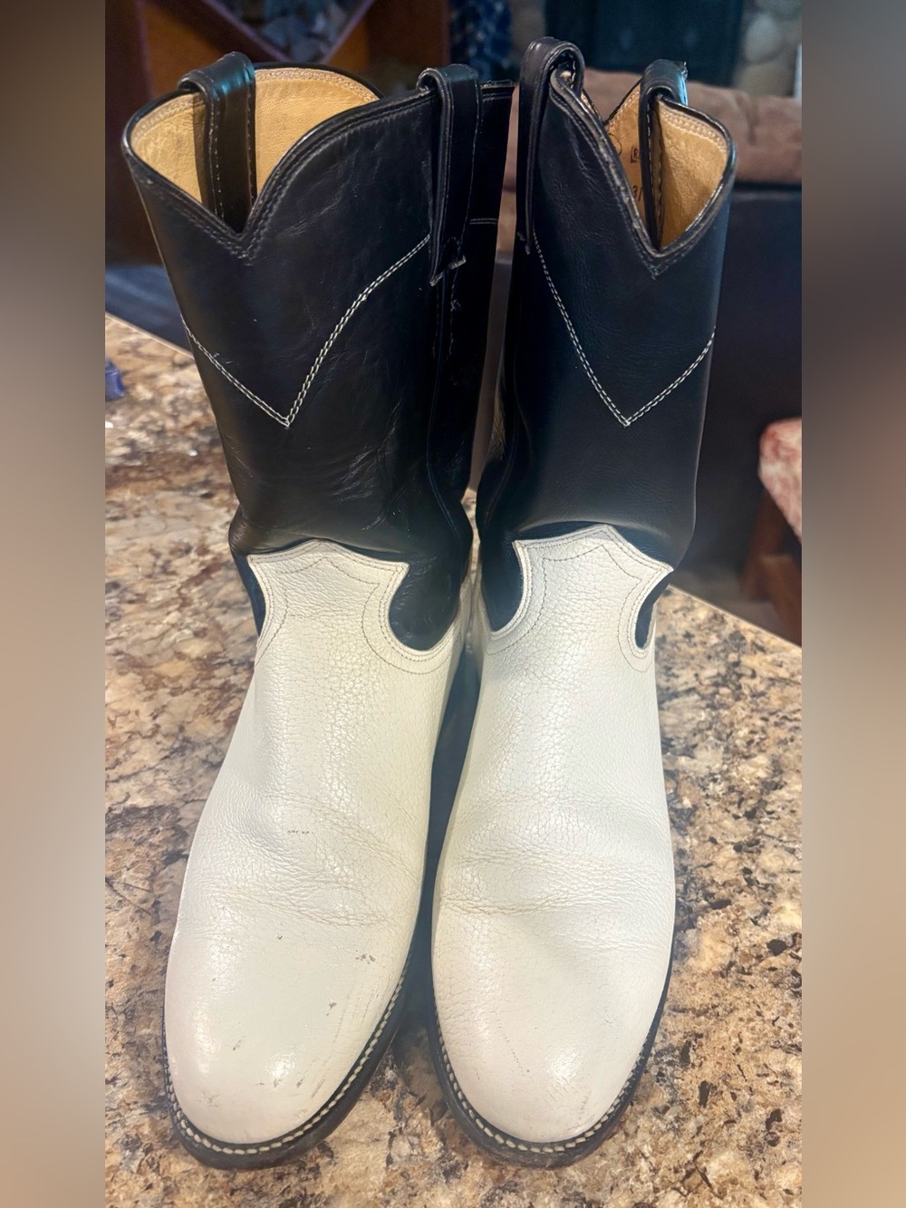 Justin Boots Black and white Leather Cowboy Boot Interior Stamp